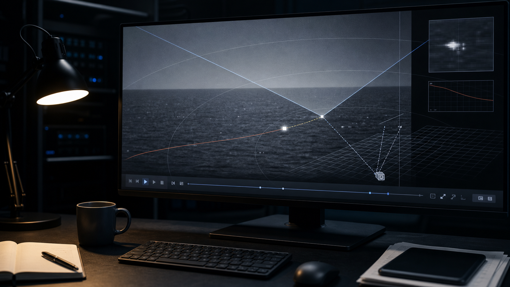 AI-generated editorial image showing a dark analysis workstation with an infrared ocean scene, line-of-sight geometry, range arcs, and a missile trajectory overlay.