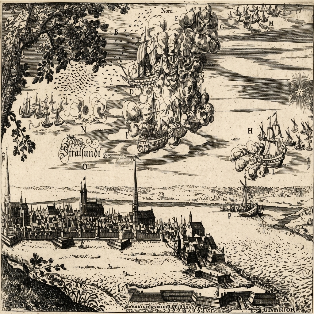 A digitally restored 1680 engraving representing the 1665 Stralsund air battle, showing ships in the sky.