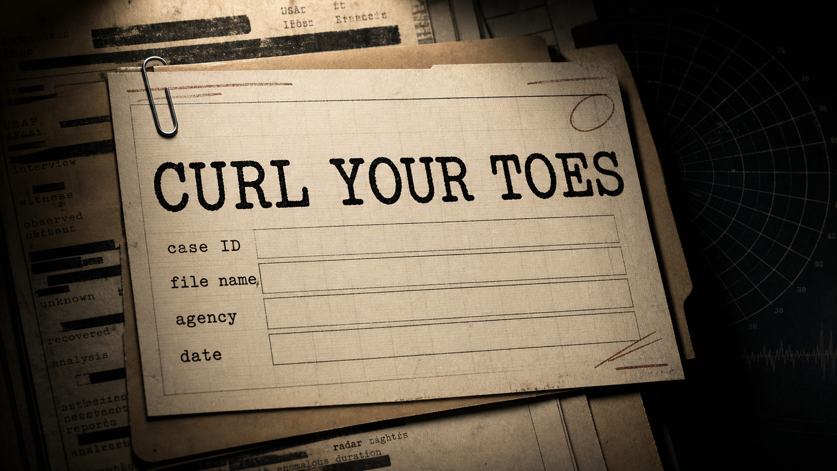 AI-generated editorial image showing a paper file card with the words 'Curl your toes' and empty fields for case ID, file name, agency, and date.