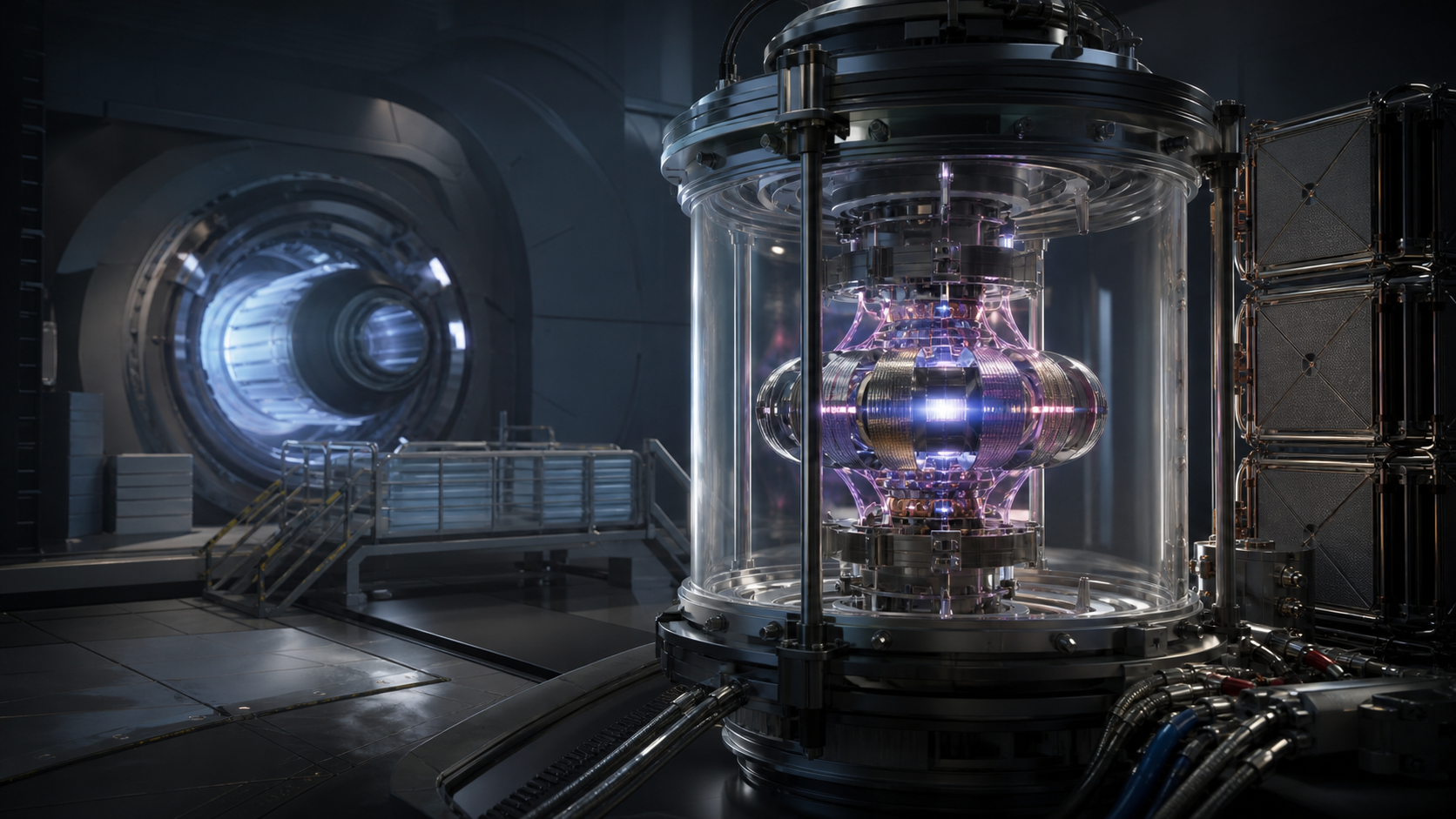 Editorial illustration of a compact antimatter containment ring glowing inside a spacecraft propulsion lab.