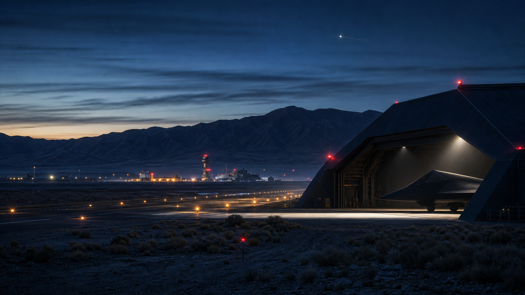 Editorial illustration of a remote Groom Lake-style test base at dusk, with runway lights, hangars, mountains, and a small ambiguous light over the range.