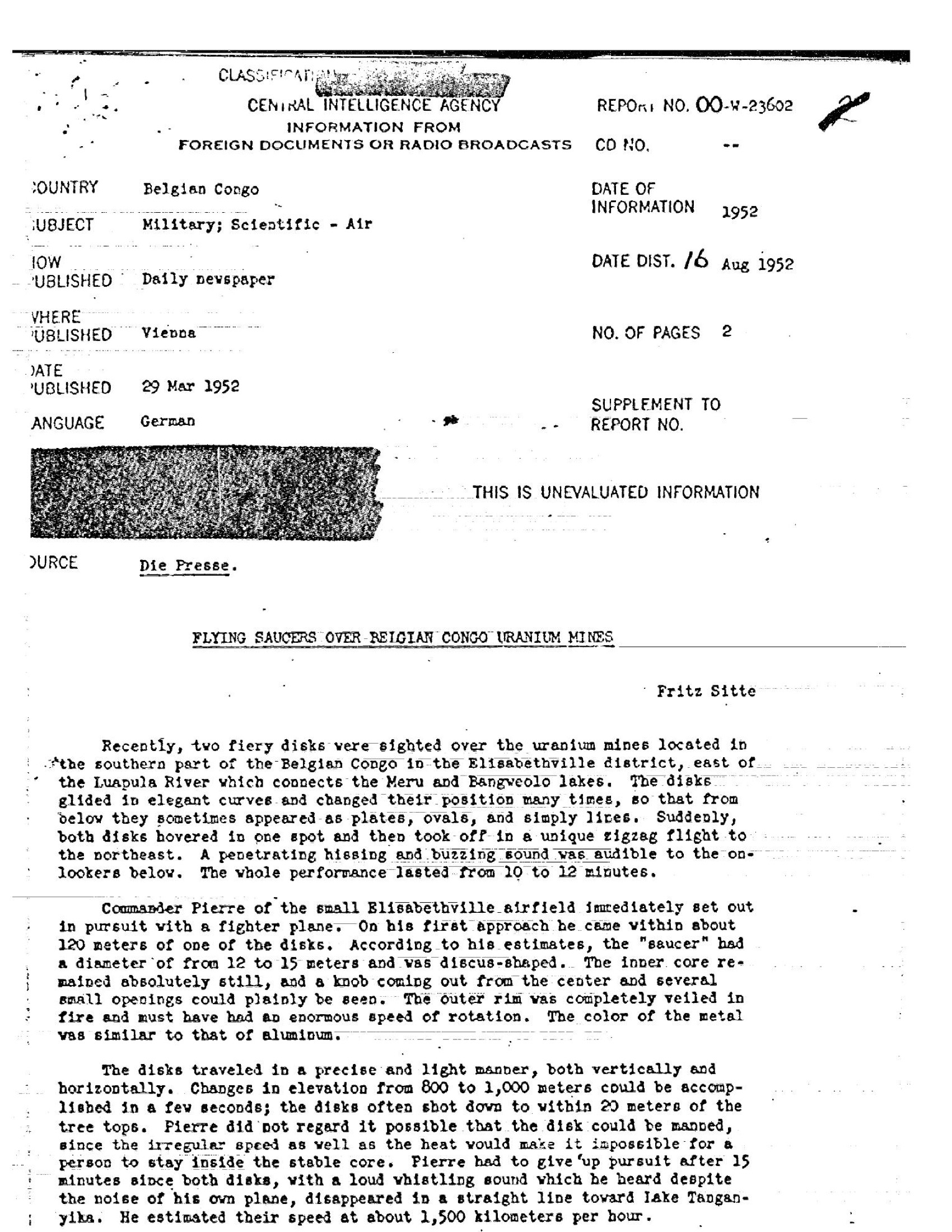 CIA foreign-document report page titled Flying Saucers Over Belgian Congo Uranium Mines, report number 00-W-23602.
