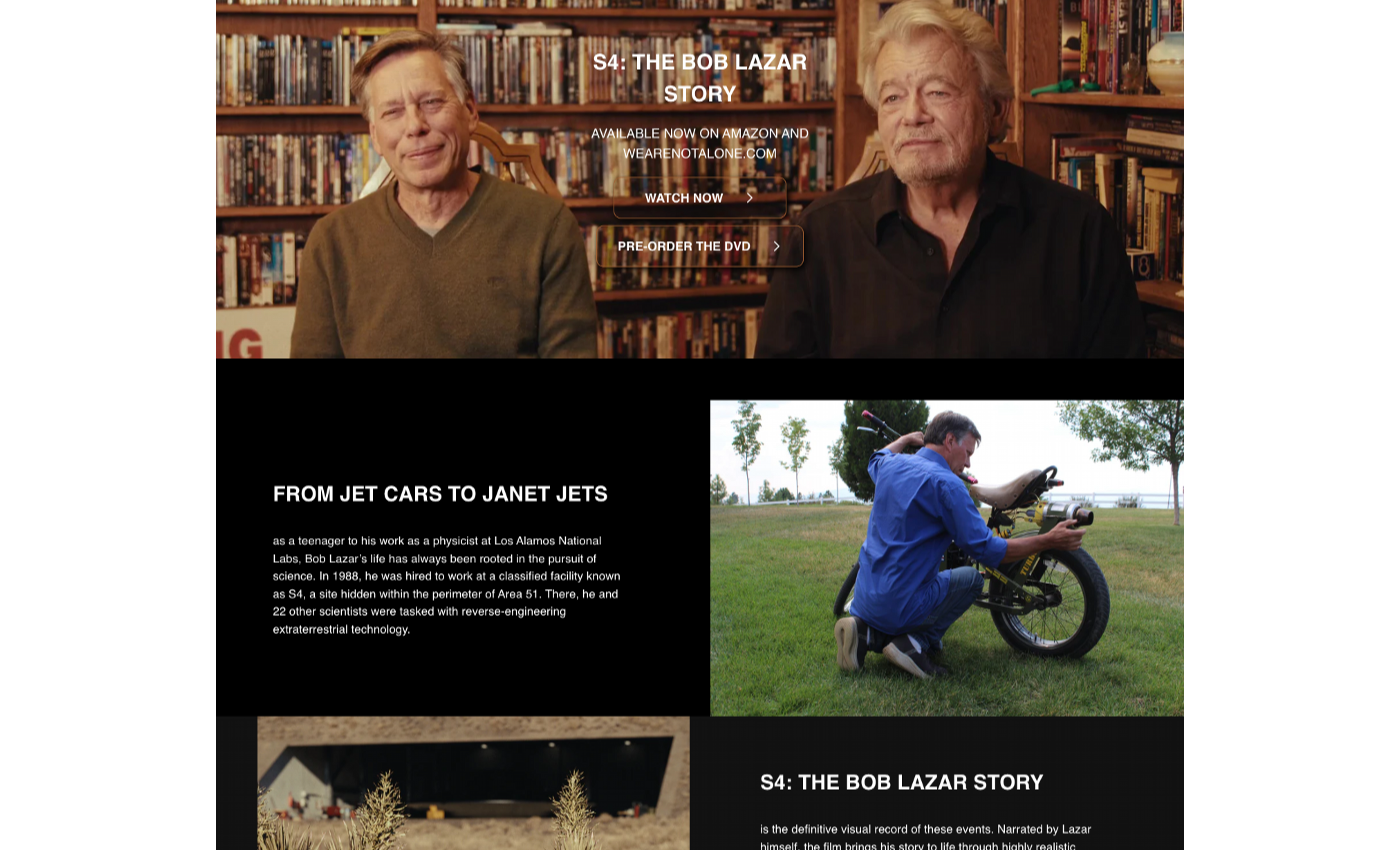 Screenshot of the Project Gravitaur documentary page showing George Knapp and Bob Lazar seated in front of a bookshelf, with the 