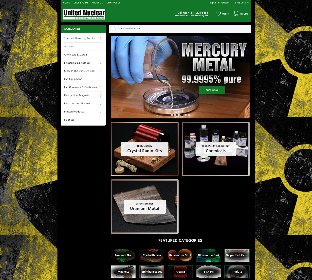 Screenshot of the United Nuclear homepage showing categories for Uranium Ore, Radioactive Stuff, Spinthariscopes, and Area 51.