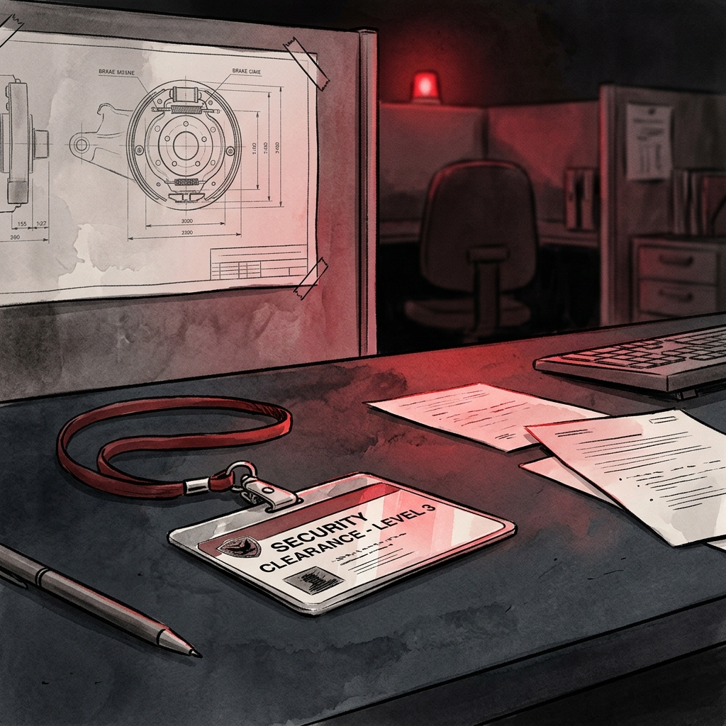 AI-generated editorial illustration representing whistleblower retaliation, showing a security clearance badge lying on a dark office desk under a red warning light, with a blueprint of a truck brake mechanism in the background.