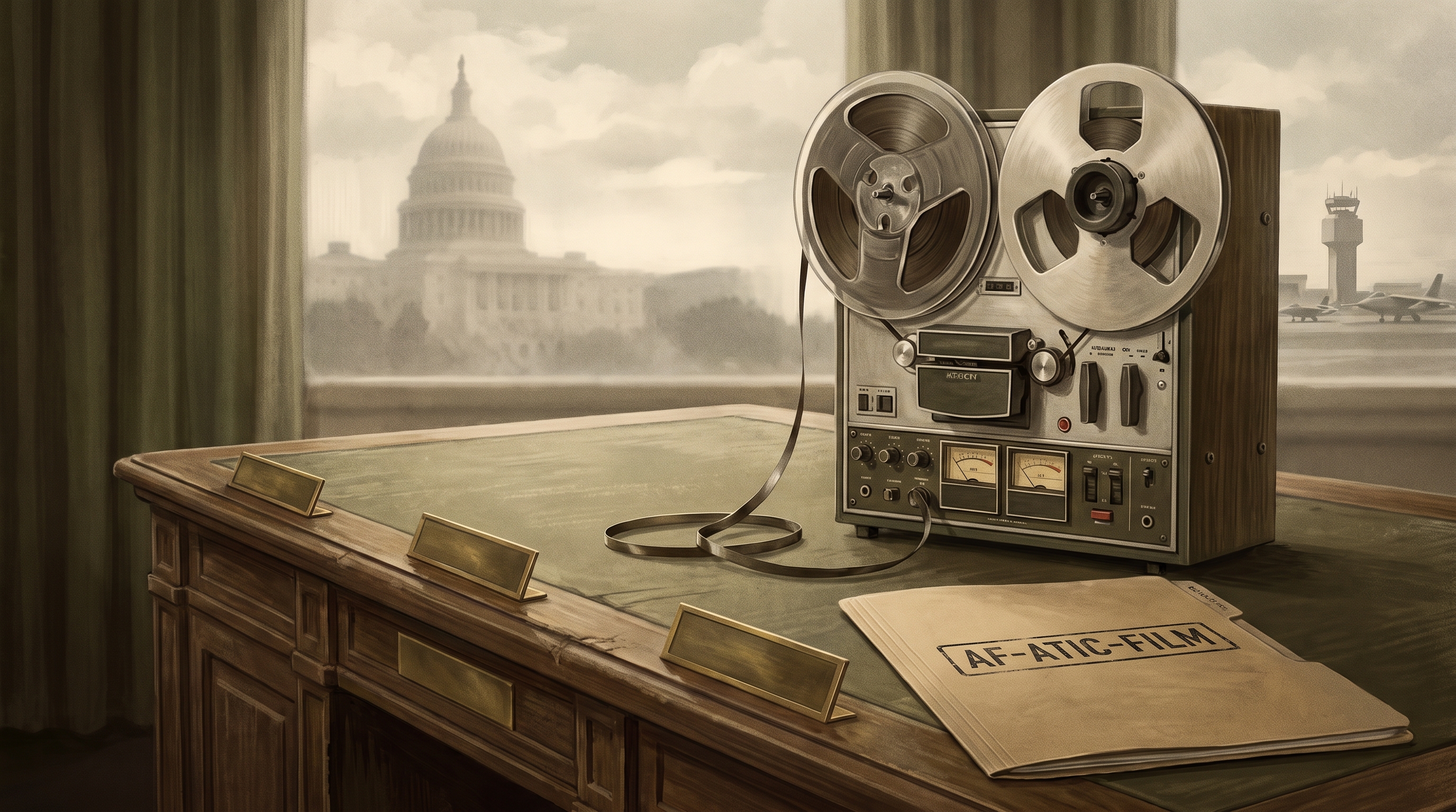 Editorial illustration of a 1952 reel-to-reel tape next to a congressional folder on a wooden desk.