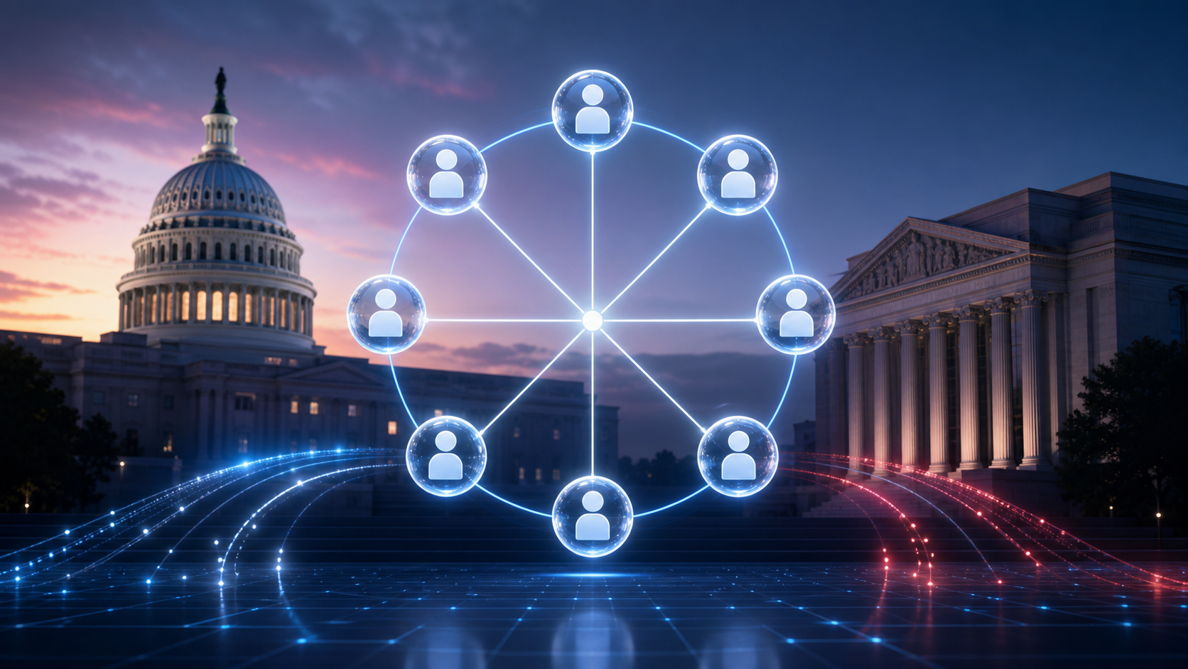 Modern editorial illustration of a UAP Records Review Board network above Washington civic architecture.