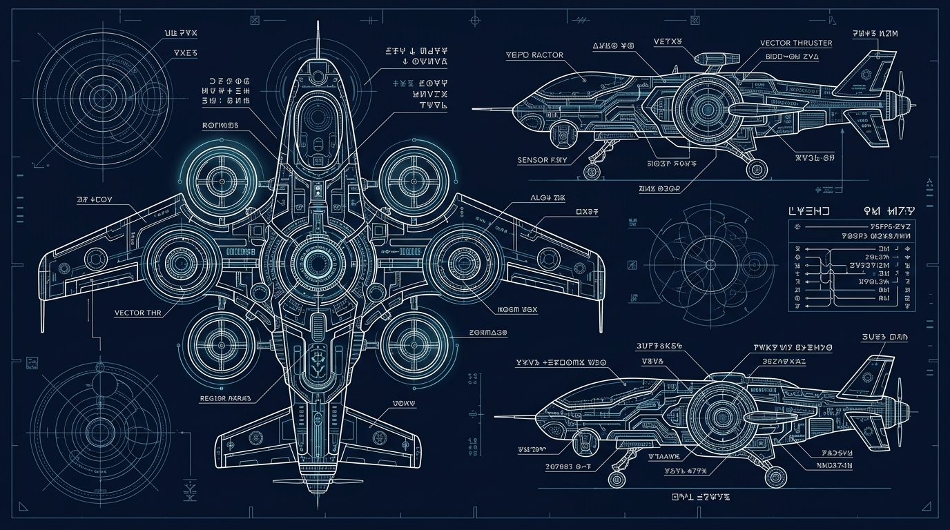 Technical schematic diagram of a futuristic drone with circular vector lines, geometric blueprints, and alien-like glyphs on a dark blue background.
