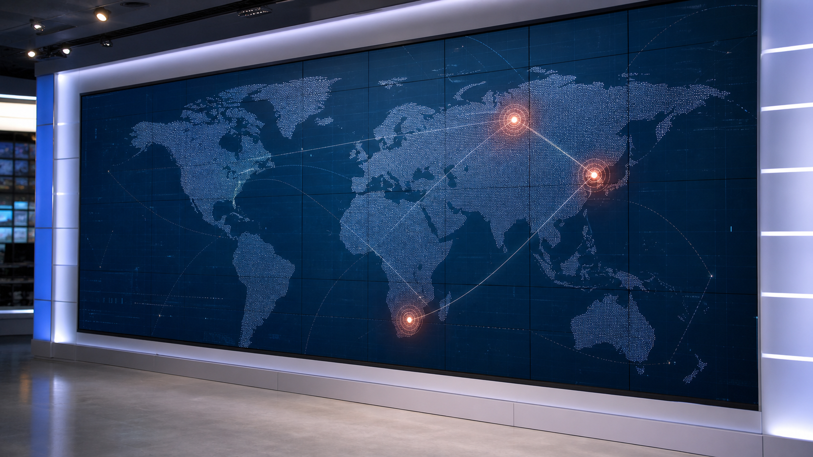 Editorial illustration of a global digital map with three glowing signal nodes, representing the China-Russia UAP reverse-engineering claim as a news explainer graphic.