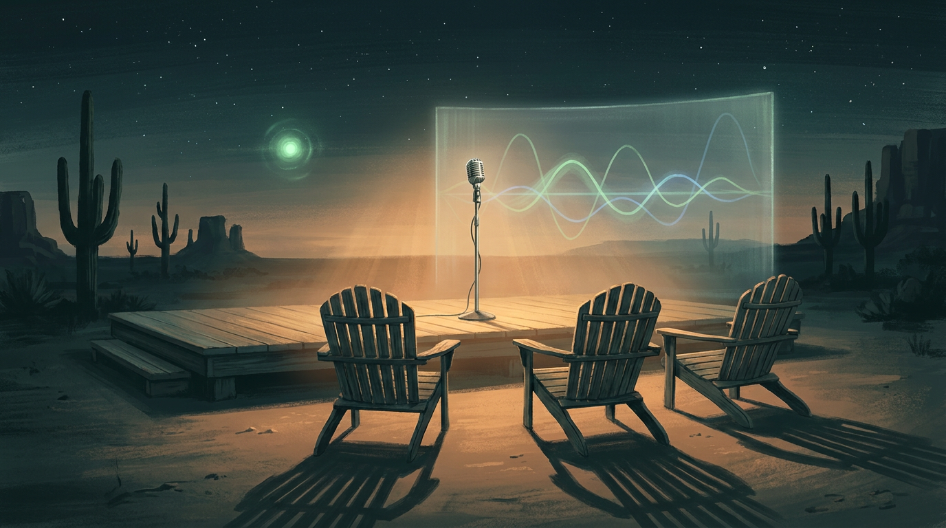 AI-generated editorial illustration of three empty wooden Adirondack chairs facing a single standing microphone on a desert stage, with audio waveforms projected on a translucent screen behind and a faint green light in the night sky above.