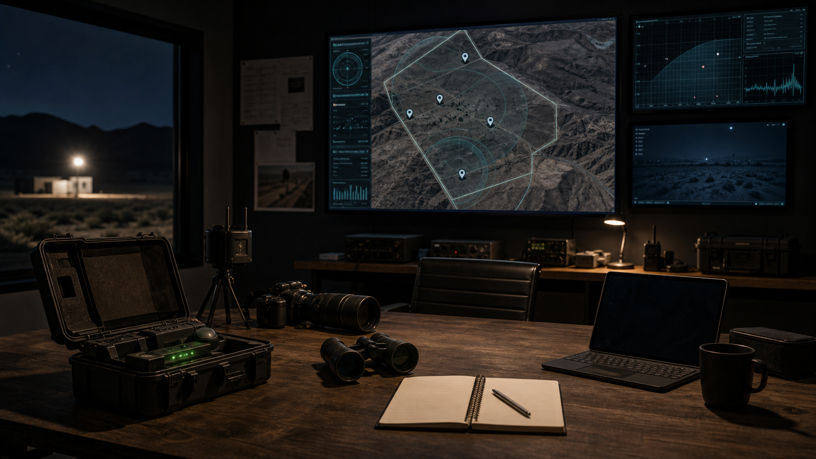AI-generated editorial image of a modern field-research command room with a Utah ranch map, monitors, cameras, and sensor equipment.