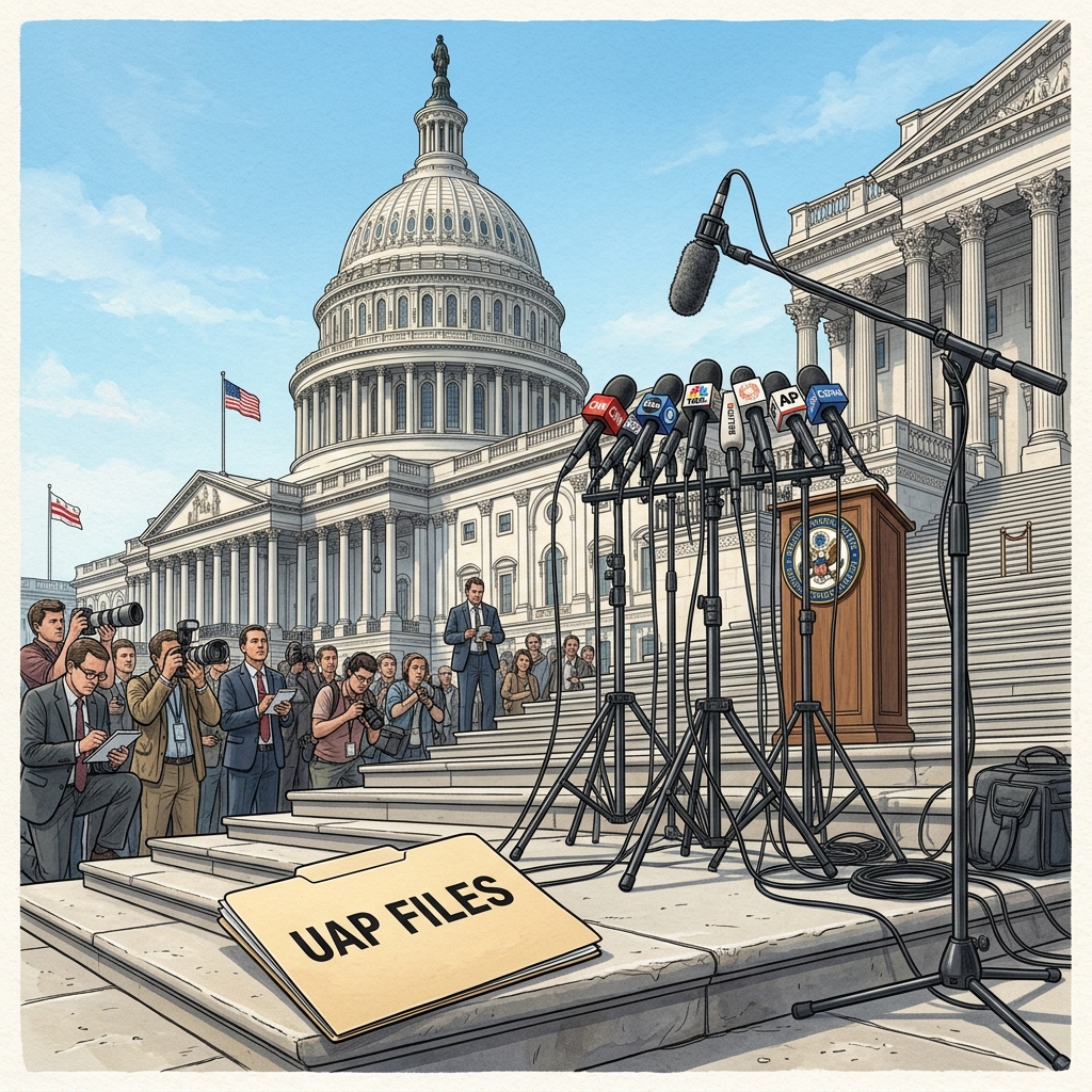 AI-generated editorial illustration representing UAP disclosure demands at the Capitol, showing a microphone stand on the Capitol steps with folders representing classified files under a clear blue sky.