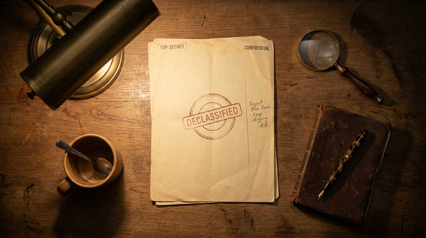 AI-generated top-down editorial illustration of a journalist's desk with a single aged document bearing a faded red DECLASSIFIED stamp, a brass magnifying glass, a leather-bound notebook with a fountain pen, and a ceramic coffee mug. No people, faces, microphones, or logos.