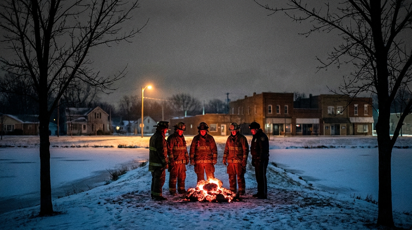 Editorial illustration of a 1977 winter night park scene with fire department crew examining a glowing red-orange molten metal mass on a grassy dike, cold park bench and bare trees in background.