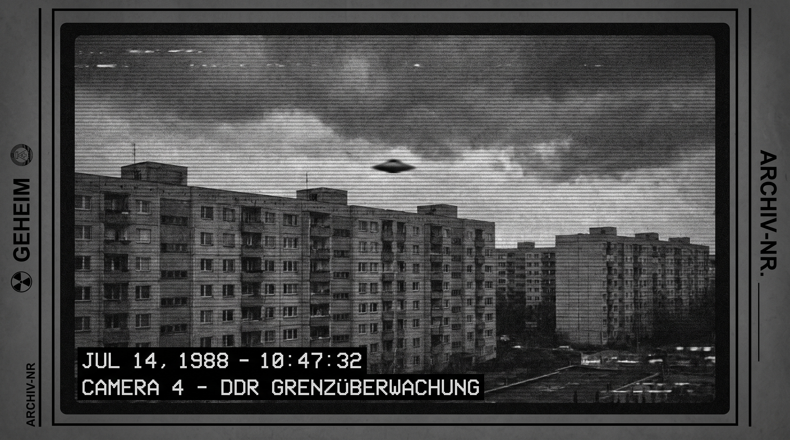 Editorial illustration in cold surveillance-camera style showing a small disc-shaped object flying low over East German Plattenbau apartment blocks under an overcast sky, with a CCTV timestamp overlay reading JUL 1988.