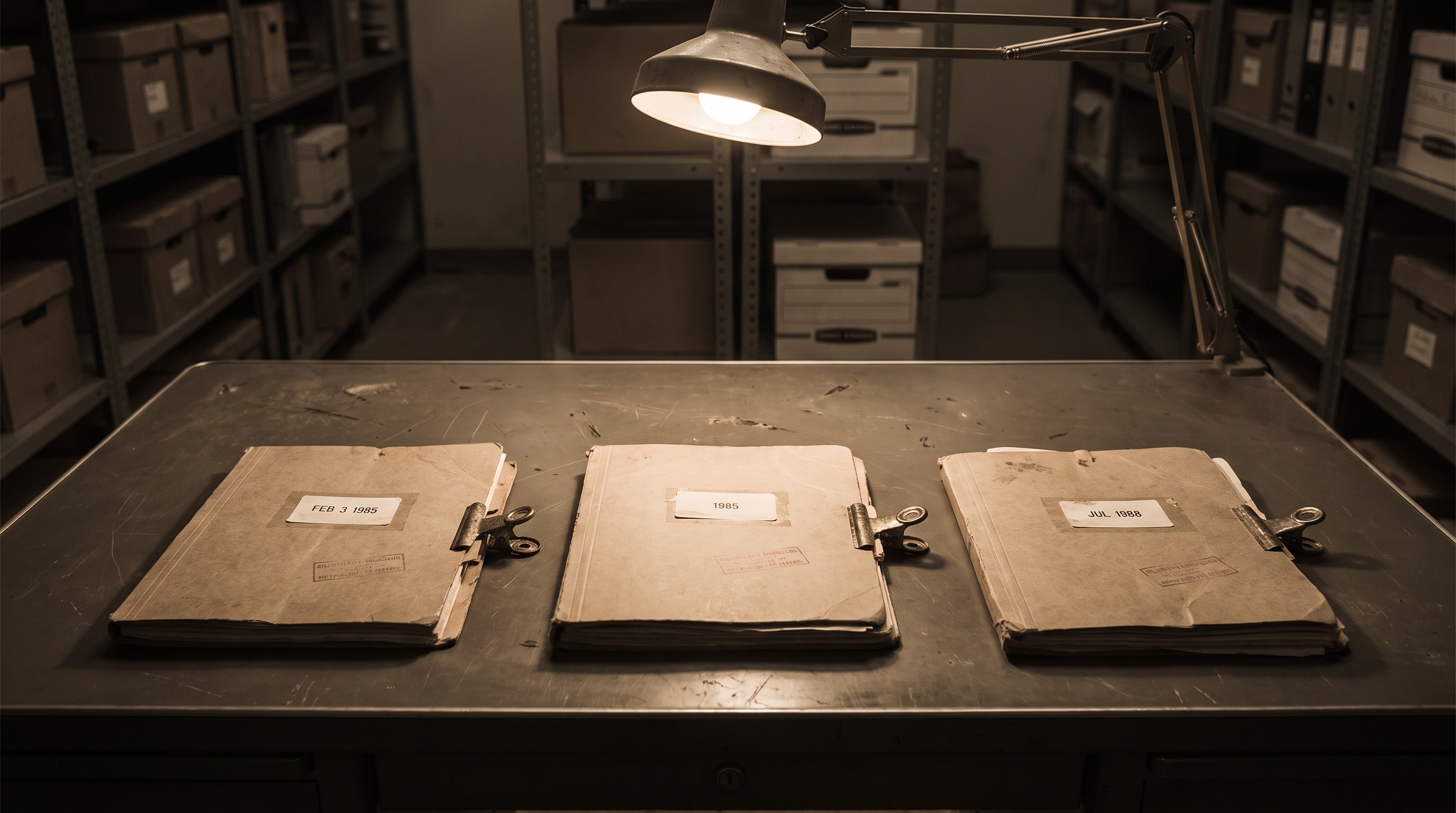 Editorial illustration of three worn manila case folders on a steel desk, each with a typed date label and faint red ink stamp, lit by a single desk lamp.