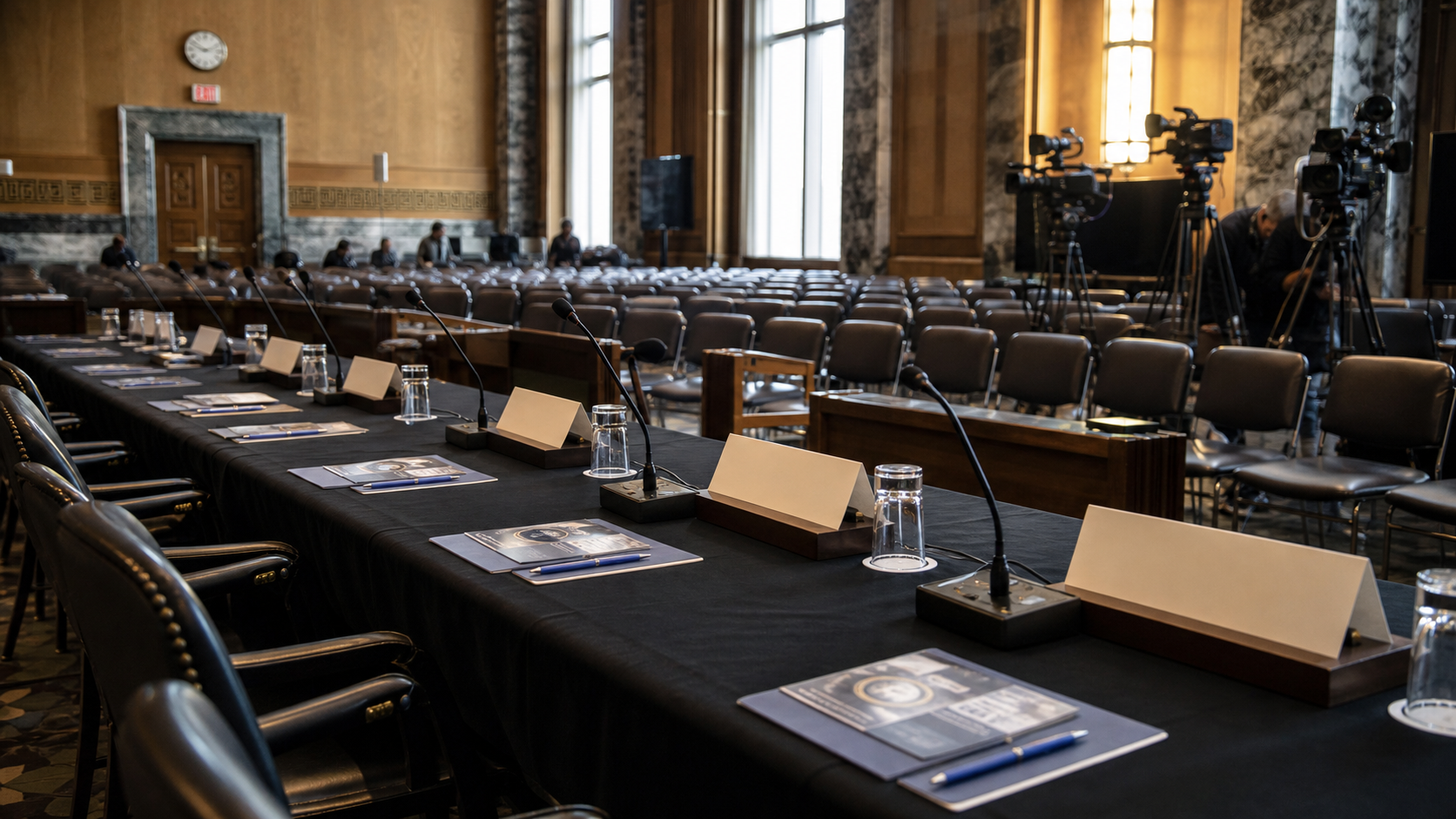 AI-generated editorial image showing an empty Capitol Hill-style forum room with microphones, press cameras, and seats before a UAP disclosure event.