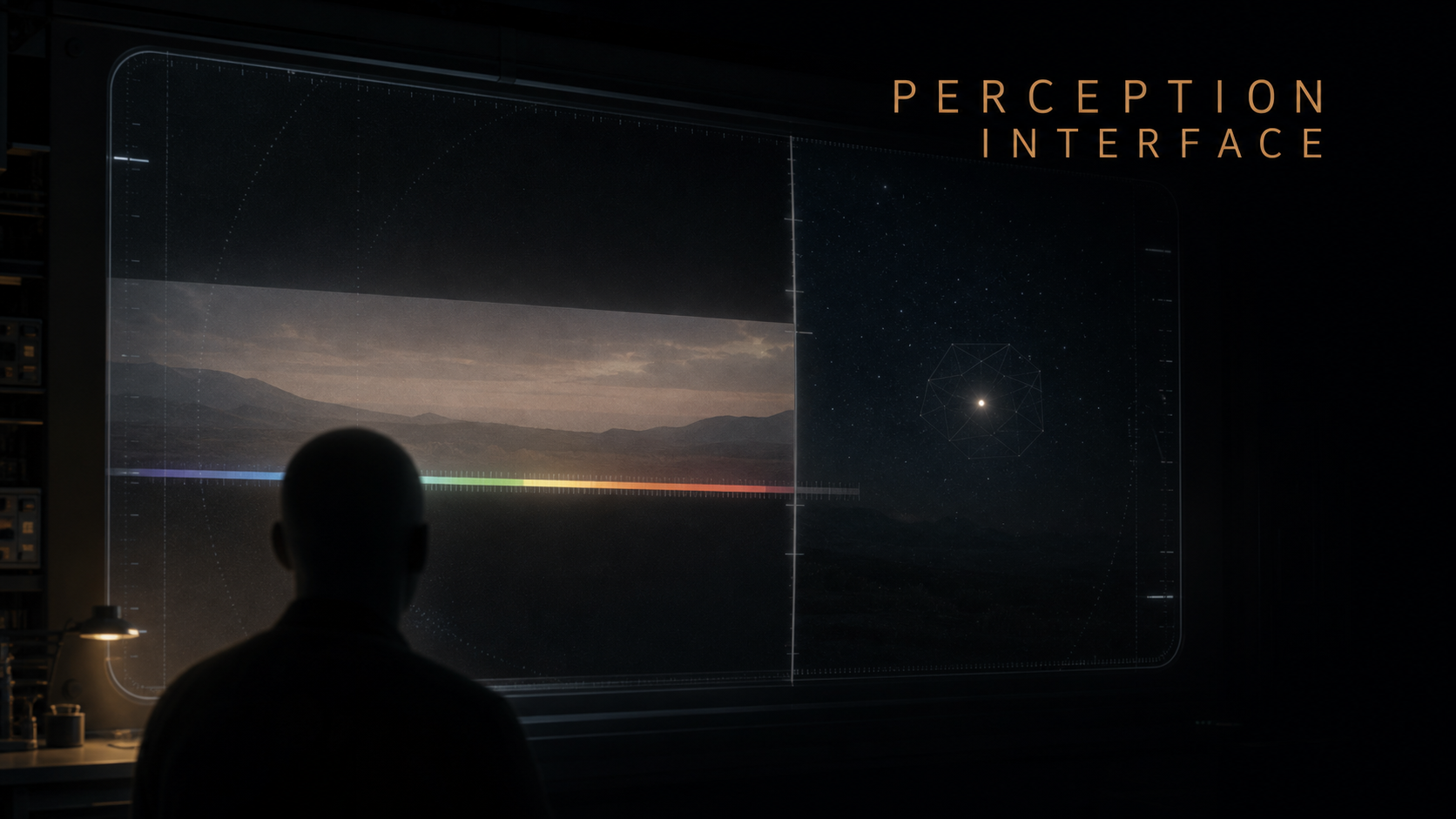 AI-generated editorial image of a dark perception interface screen with a human silhouette, a narrow visible spectrum band, and a small ambiguous light beyond the display.