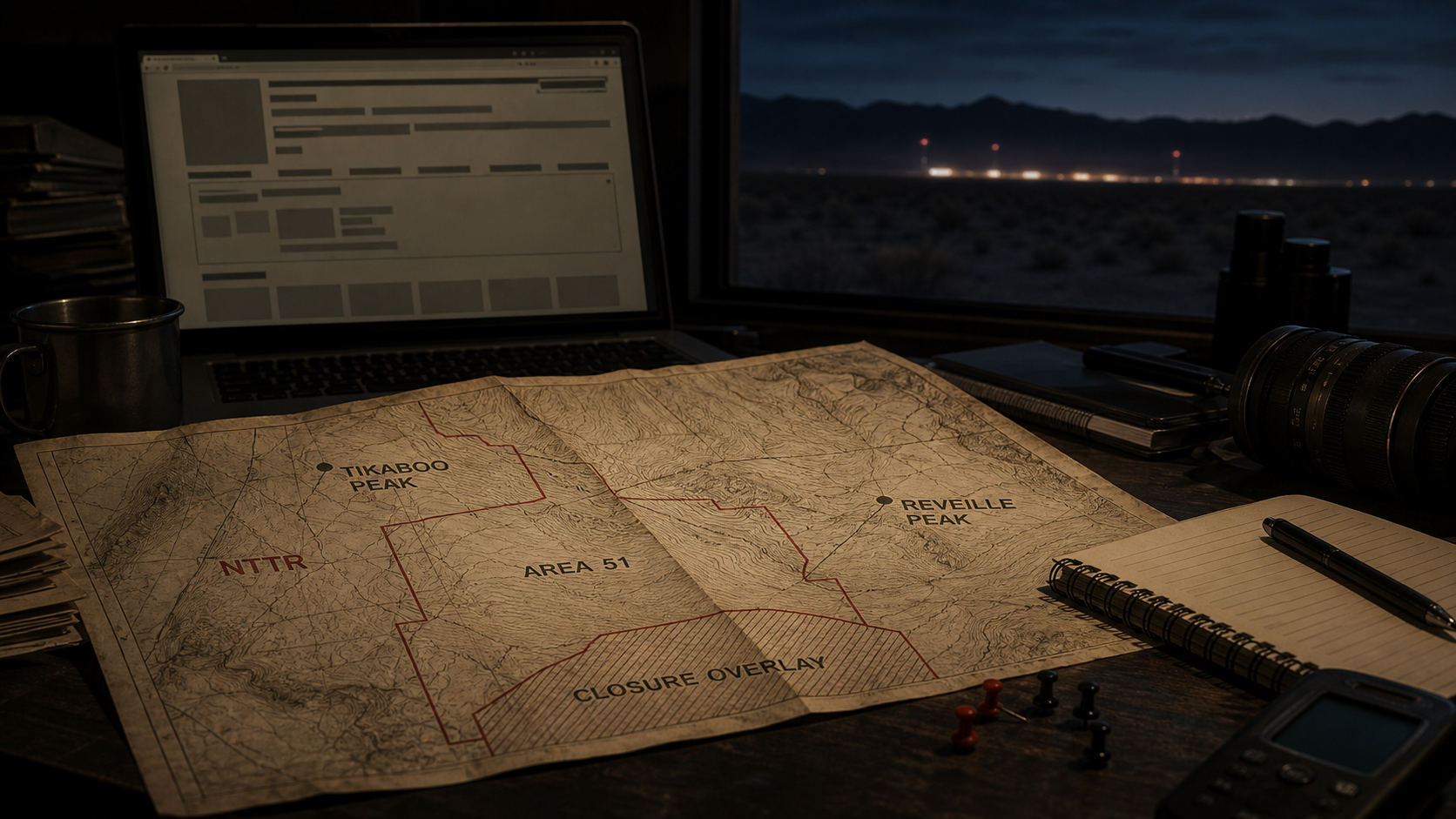 AI-generated editorial image showing a Nevada topographic map with Area 51, Tikaboo Peak, Reveille Peak, NTTR boundary lines, and a closure overlay on a dim field desk.