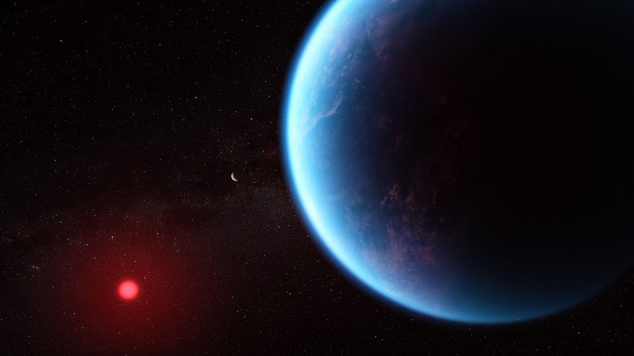 Artist concept of K2-18 b, a blue exoplanet orbiting a red dwarf star with another planet in the distance.