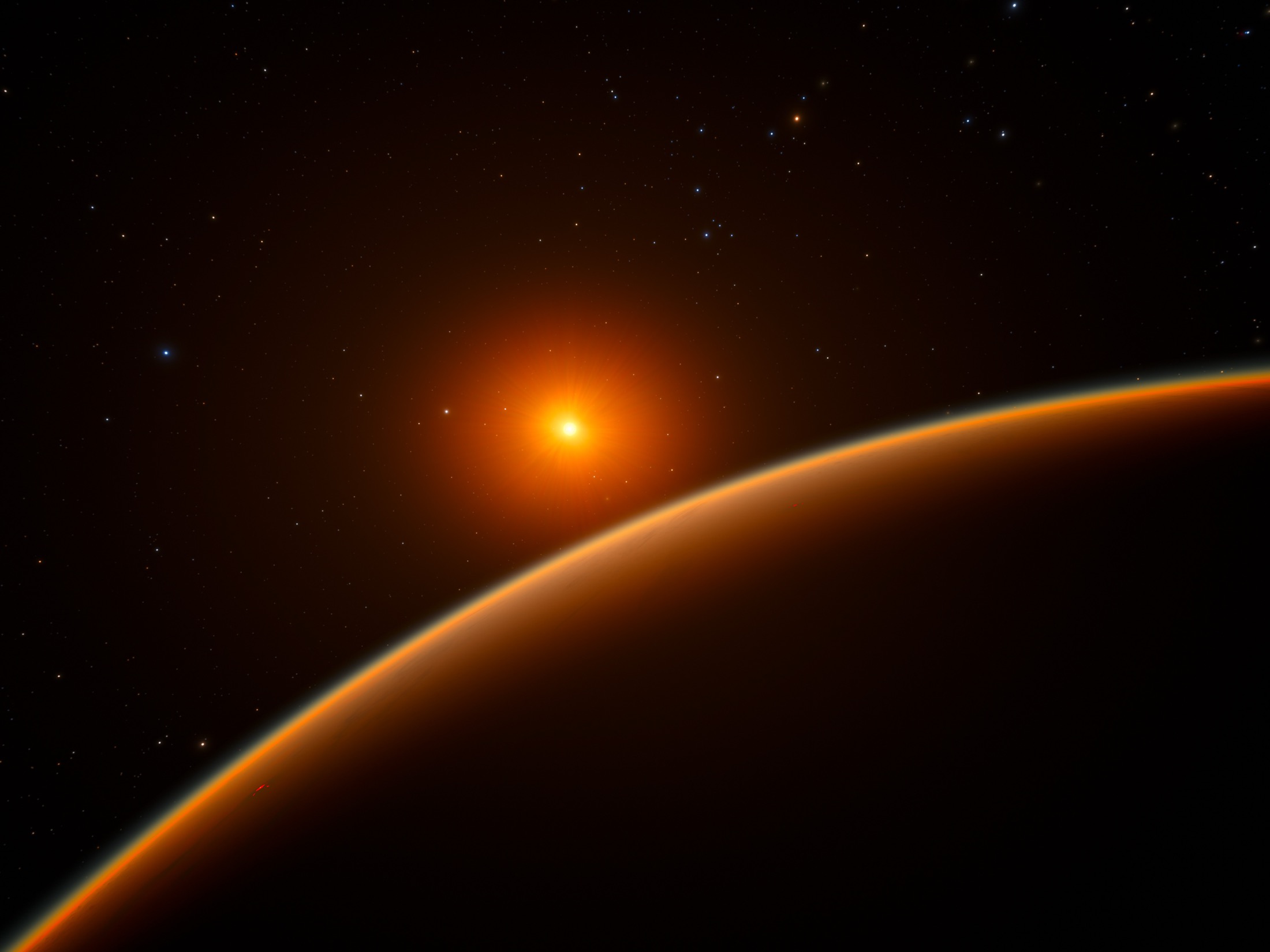 ESO artist impression of LHS 1140 b orbiting a red dwarf star, with the planet's dark limb in the foreground.