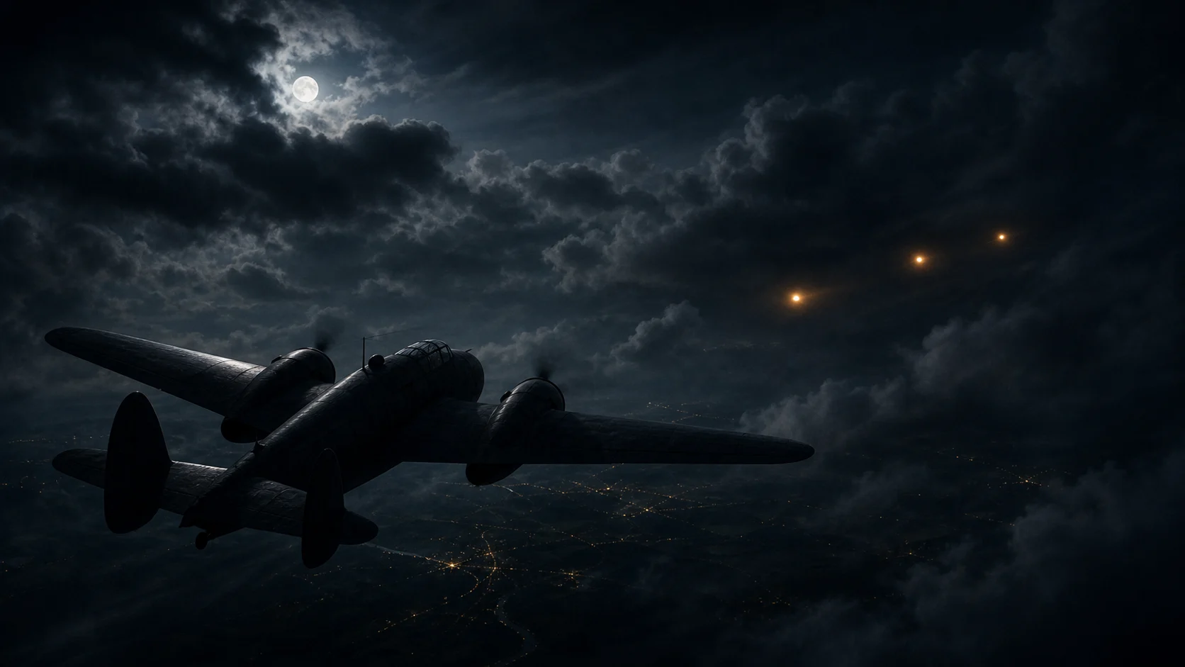 Editorial illustration of a World War II night fighter followed by small amber lights, representing Foo Fighter reports from the 415th Night Fighter Squadron.