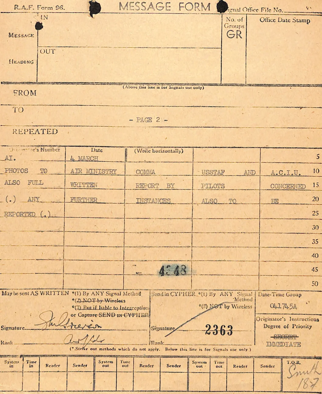 Source-derived form from the PURSUE Release 01 SHAEF file on Foo Fighters and night phenomena reported by the 415th Night Fighter Squadron.