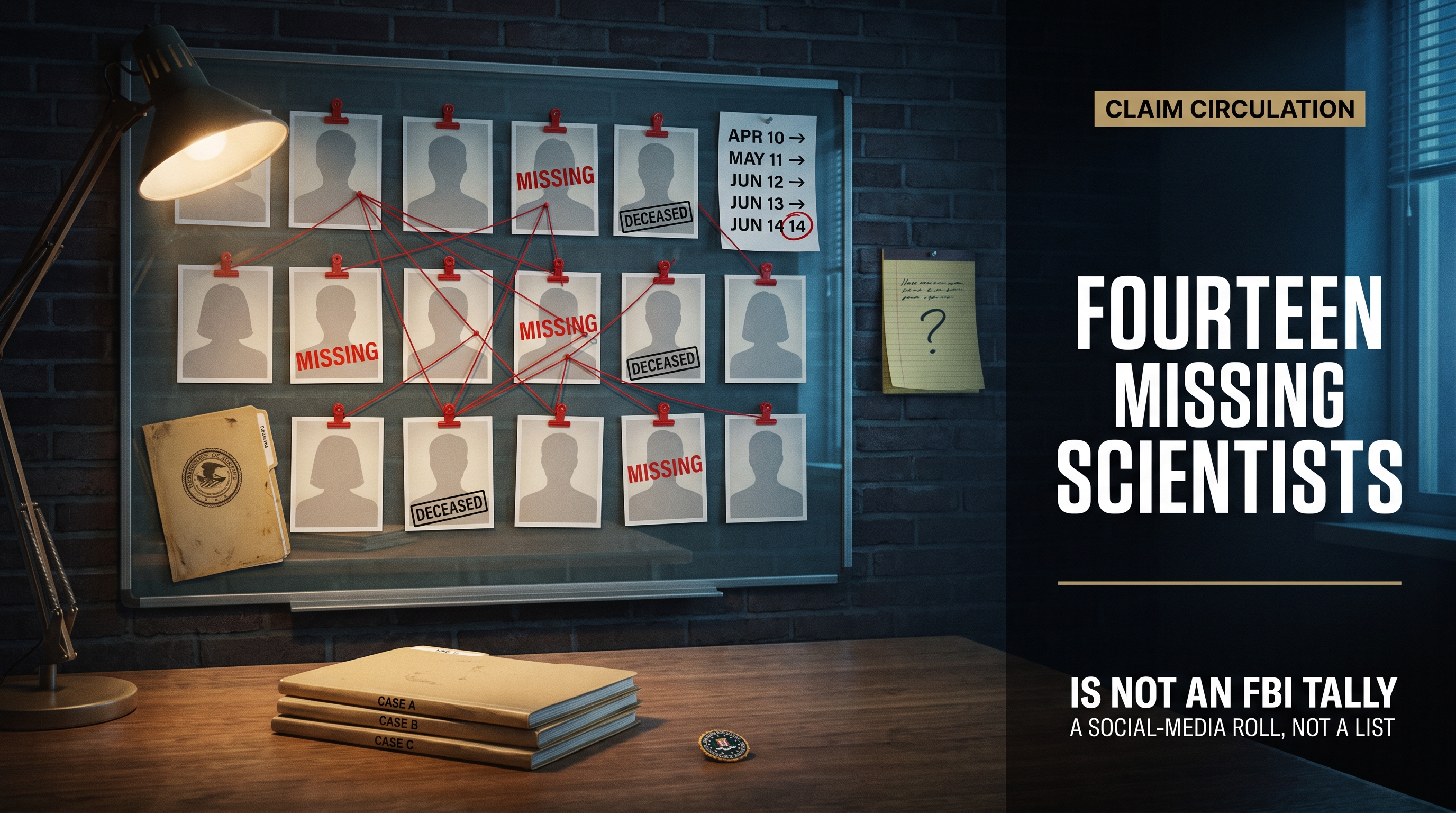 Editorial illustration of a dark FBI case-room scene with a glass evidence board showing silhouetted photographs of scientists, red MISSING markers, a manila folder, and an overprinted rolling counter reading 10, 11, 12, 13, 14 with a question mark. Headline overlay: 'Fourteen missing scientists is not an FBI tally.'