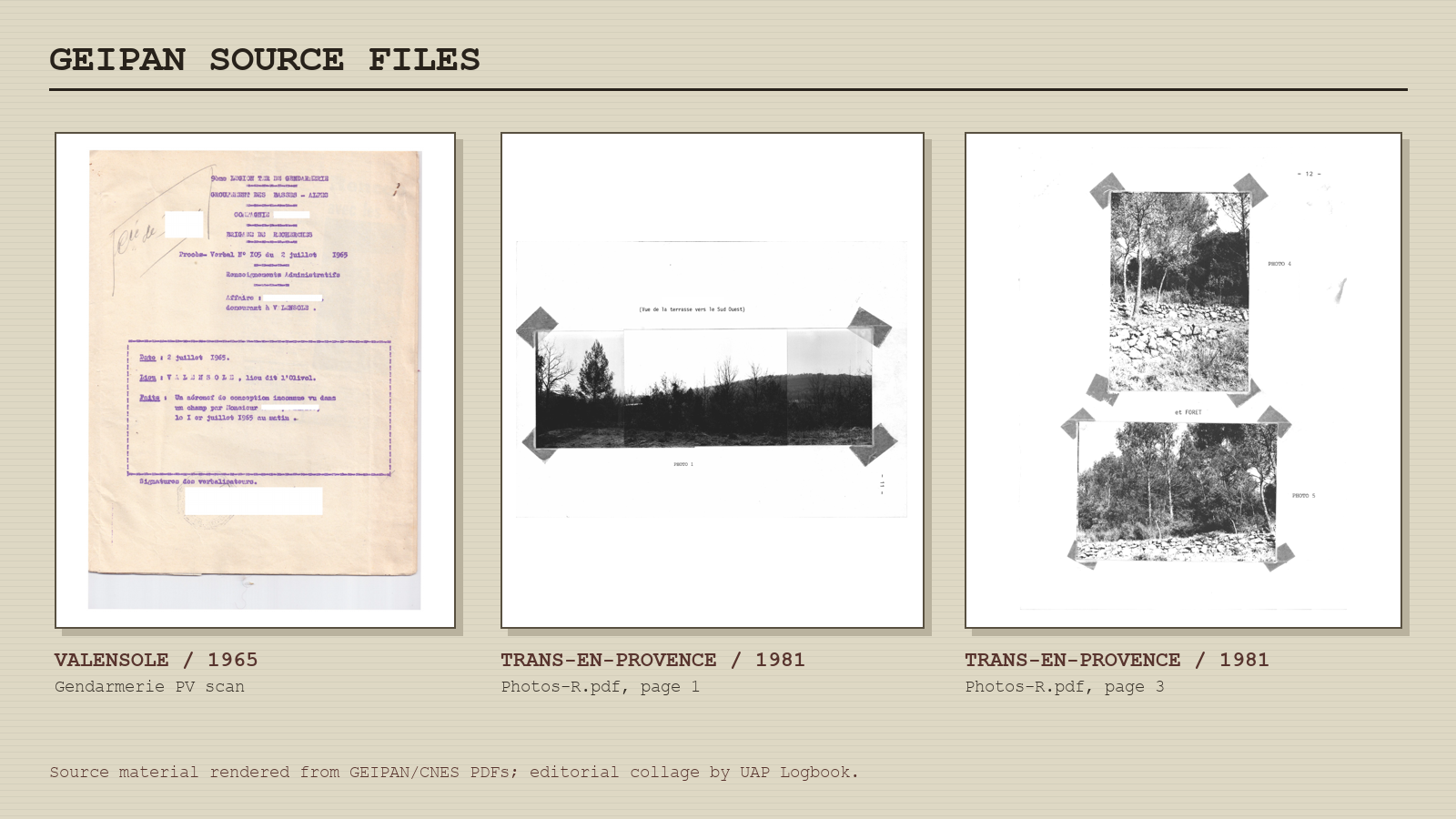 Editorial collage of GEIPAN source documents: a Valensole gendarmerie scan and Trans-en-Provence photo pages.