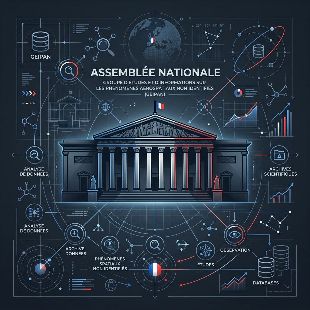 Editorial illustration representing a parliamentary session and scientific archive study.