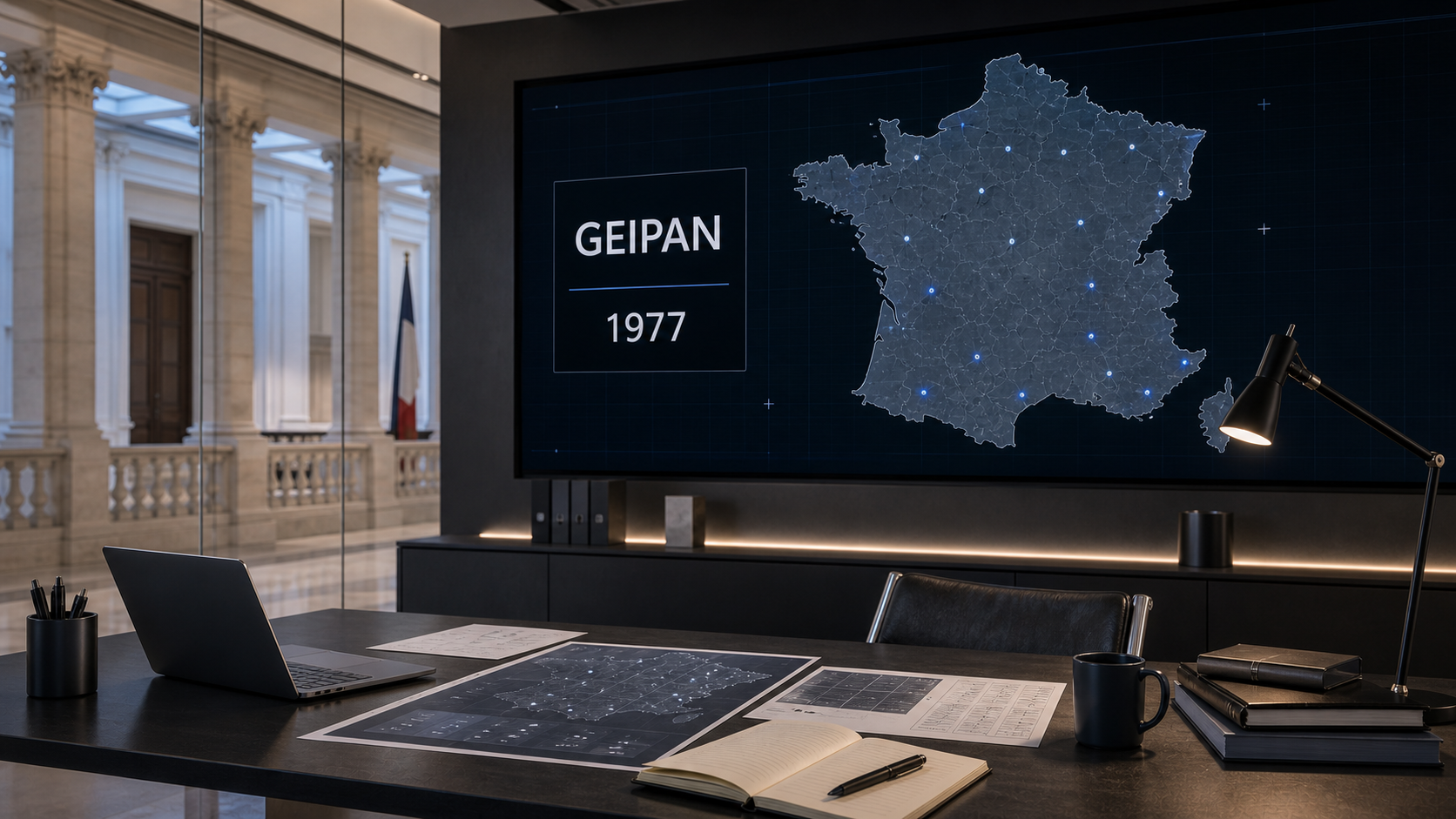 AI-generated editorial image of a modern GEIPAN analysis room with a France case map and GEIPAN 1977 label.