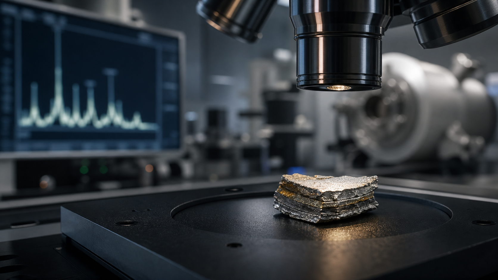 Editorial laboratory image showing a layered metallic specimen being analyzed under precision lab equipment.