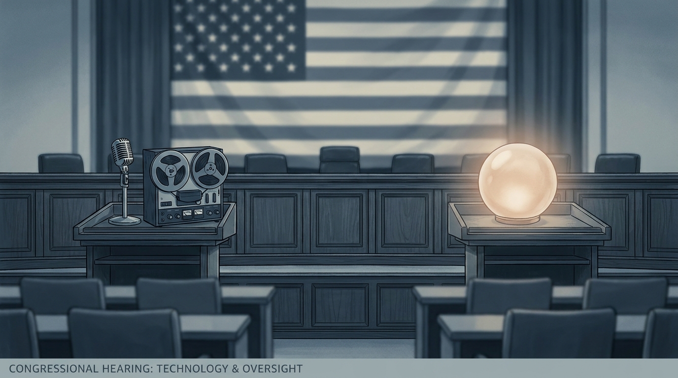 Editorial illustration of two opposing podiums on a congressional hearing room stage, one with a microphone and an old reel-to-reel, the other with a glowing orb.