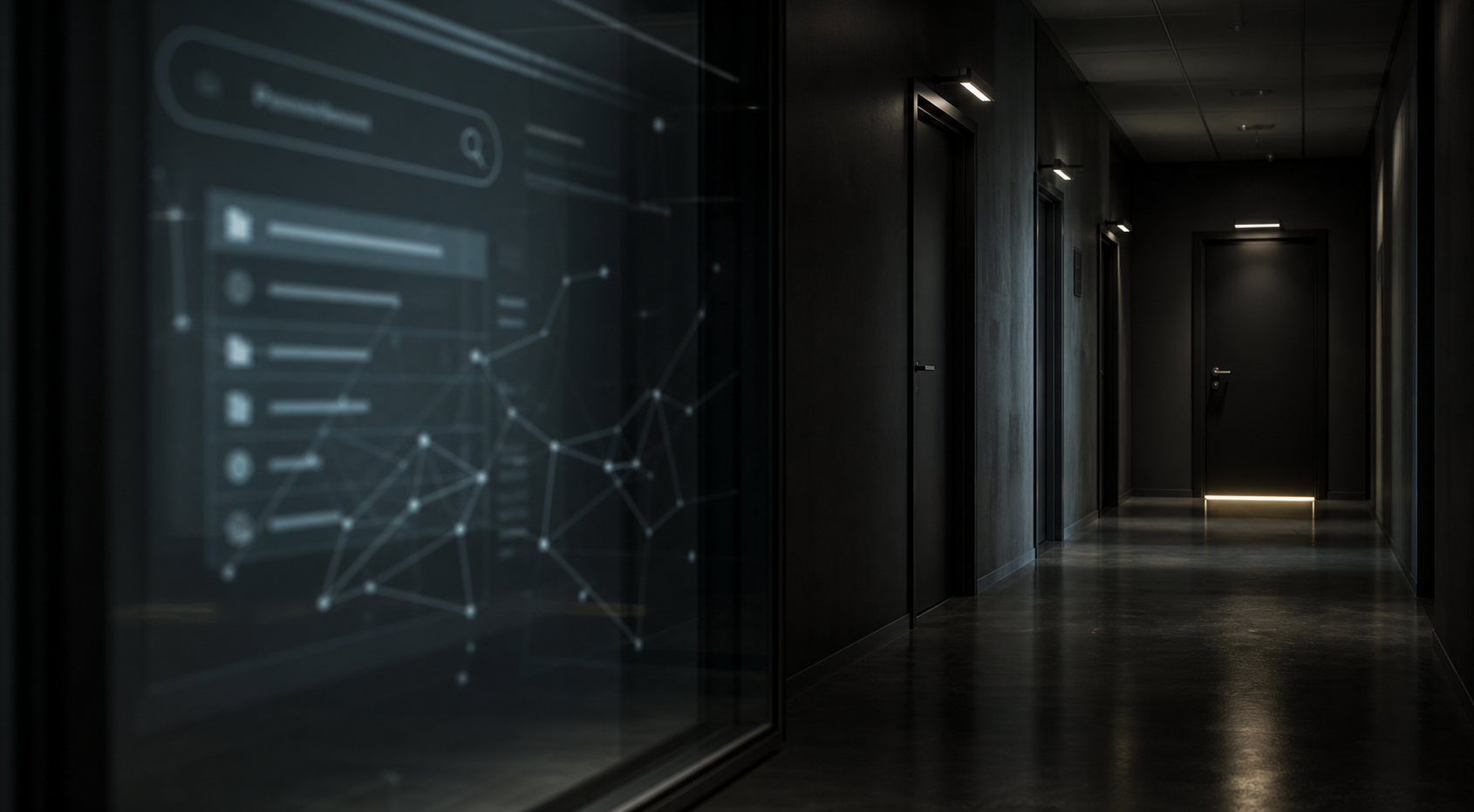 AI-generated editorial image of a dark modern government corridor with one lit doorway, a records-search screen, and abstract constellation lines.