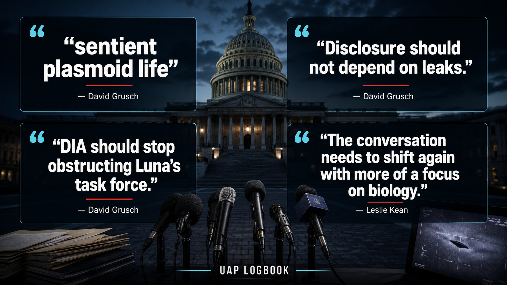 Editorial quote graphic with June 9 UAP press conference statements by David Grusch and Leslie Kean.