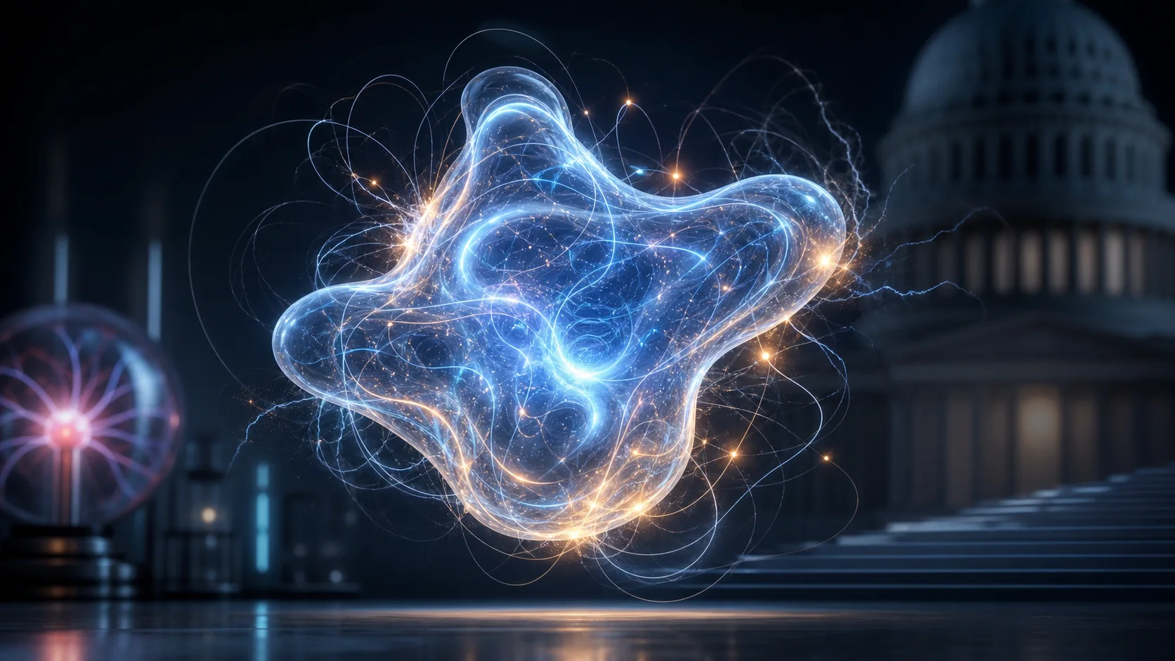 AI-generated editorial illustration of a luminous plasma-like form near the Capitol, made as a literal visual riff on the phrase sentient plasmoid life.