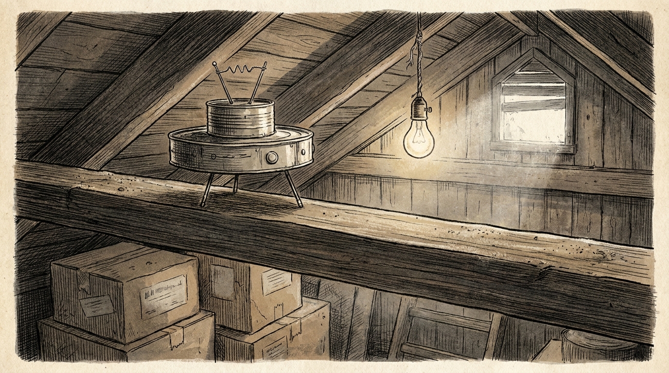 Editorial sketch-style illustration of a small handcrafted UFO model on a dusty wooden attic beam, with a bare bulb, cardboard boxes, and a gable vent window.
