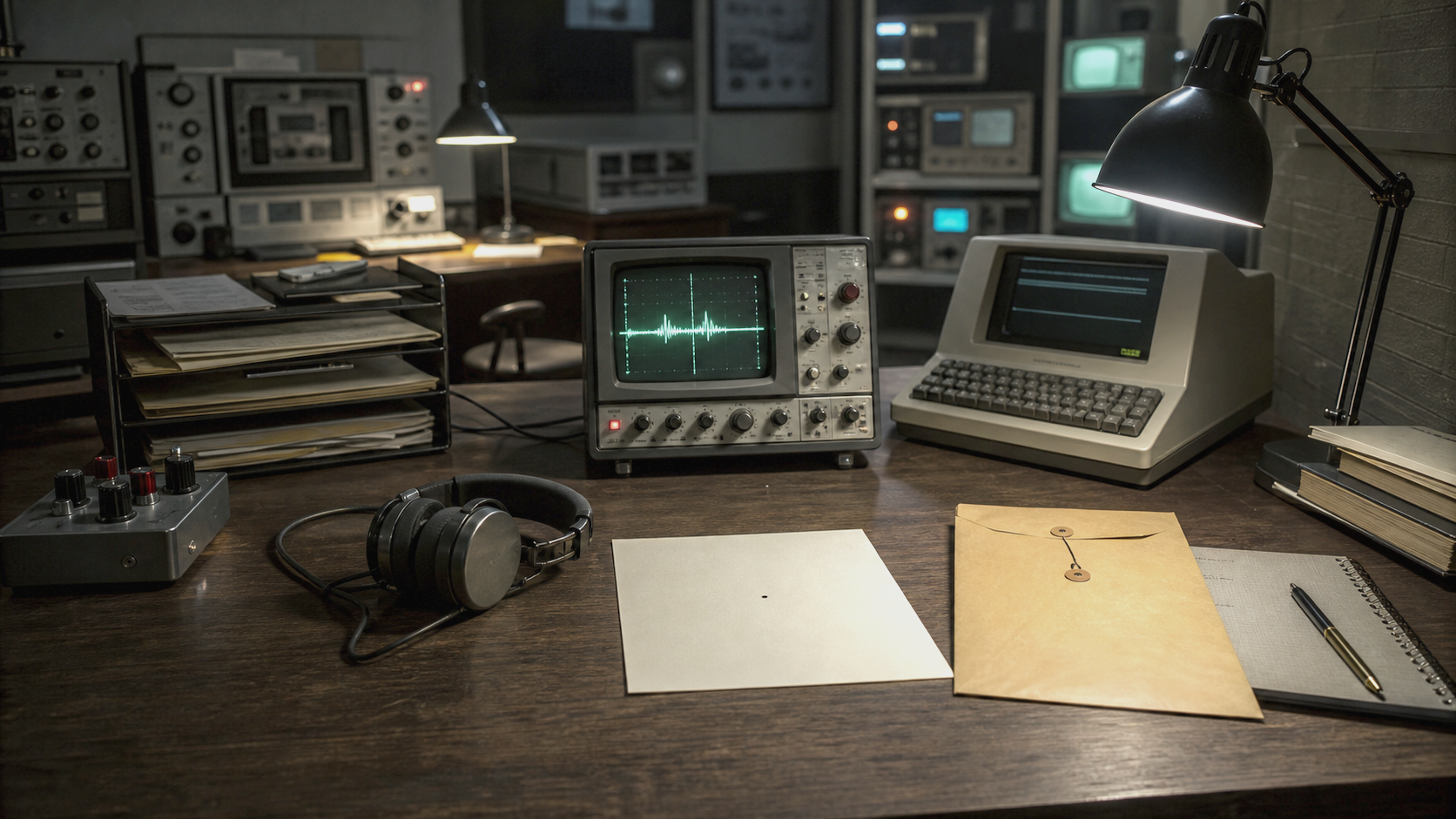 Editorial illustration of a research desk with lab instruments, headphones, archive folders, a sealed envelope, and an old computer terminal.