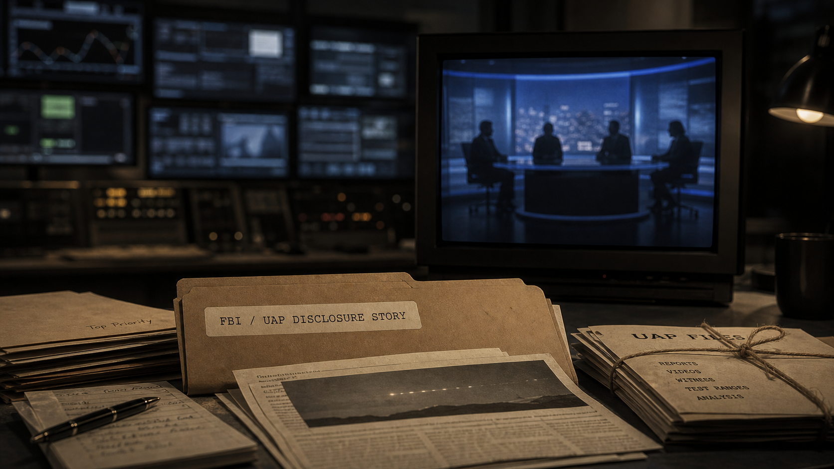AI-generated editorial image showing a TV news monitor, UAP files, and an FBI / UAP disclosure story folder.