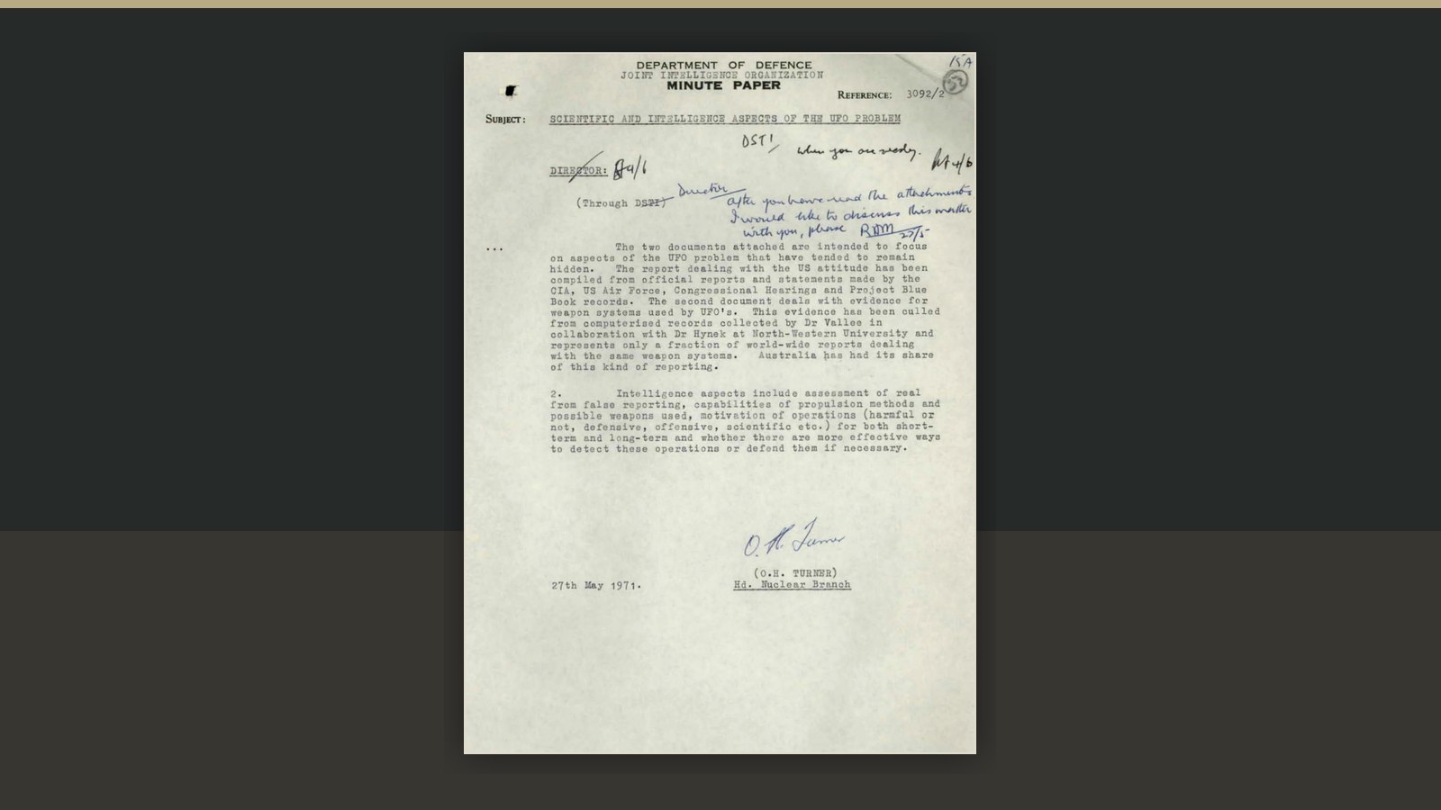 Source-document composite showing O.H. Turner's 1971 Department of Defence Joint Intelligence Organisation minute paper on scientific and intelligence aspects of the UFO problem.