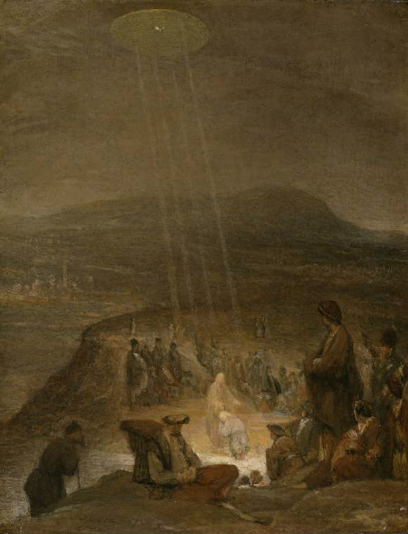 Aert de Gelder's Baptism of Christ, with a bright disk-like opening in the sky above the baptism scene.