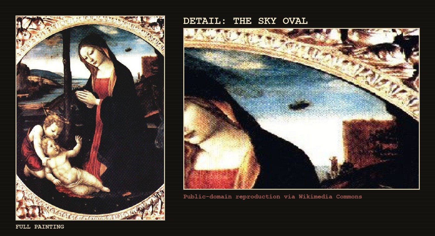 Detail collage of Madonna with Saint Giovannino showing the full painting and a crop of the small dark oval in the sky.