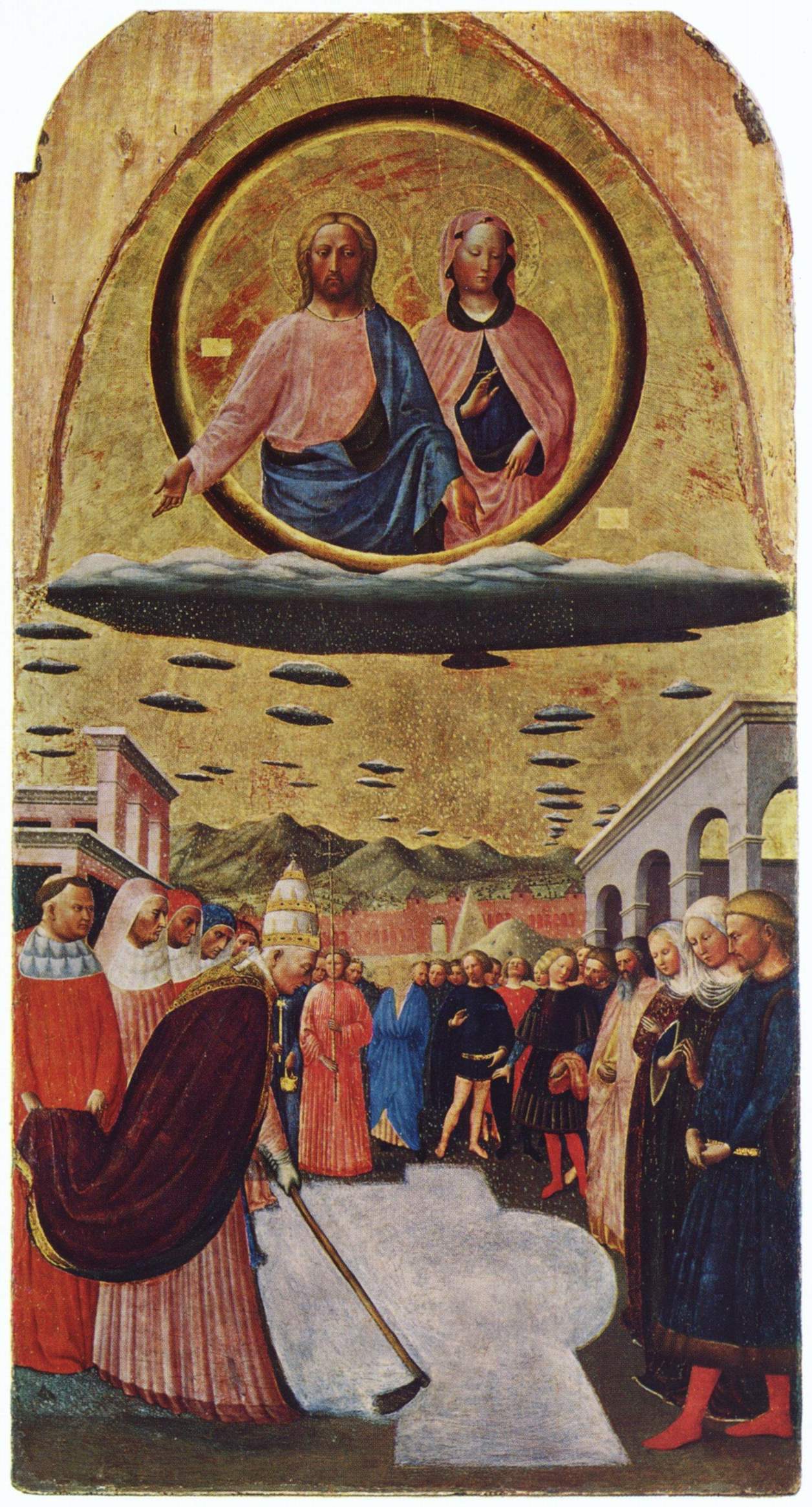 Masolino da Panicale's Miracle of the Snow, showing disk-like cloud and snow forms above a Marian miracle scene.