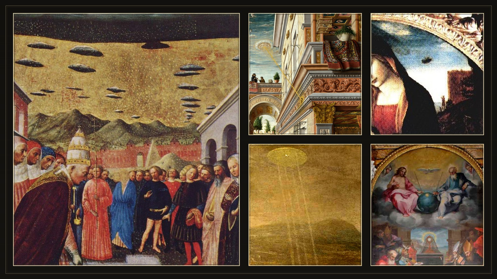 Editorial collage of historical paintings often shared online as UFO evidence, including Masolino, Crivelli, De Gelder, Salimbeni, and Madonna with Saint Giovannino details.