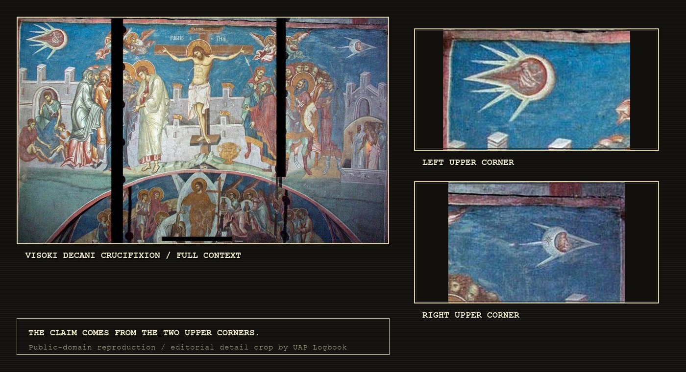 Visoki Dečani Crucifixion fresco shown with detail crops of the personified sun and moon figures in the upper corners.