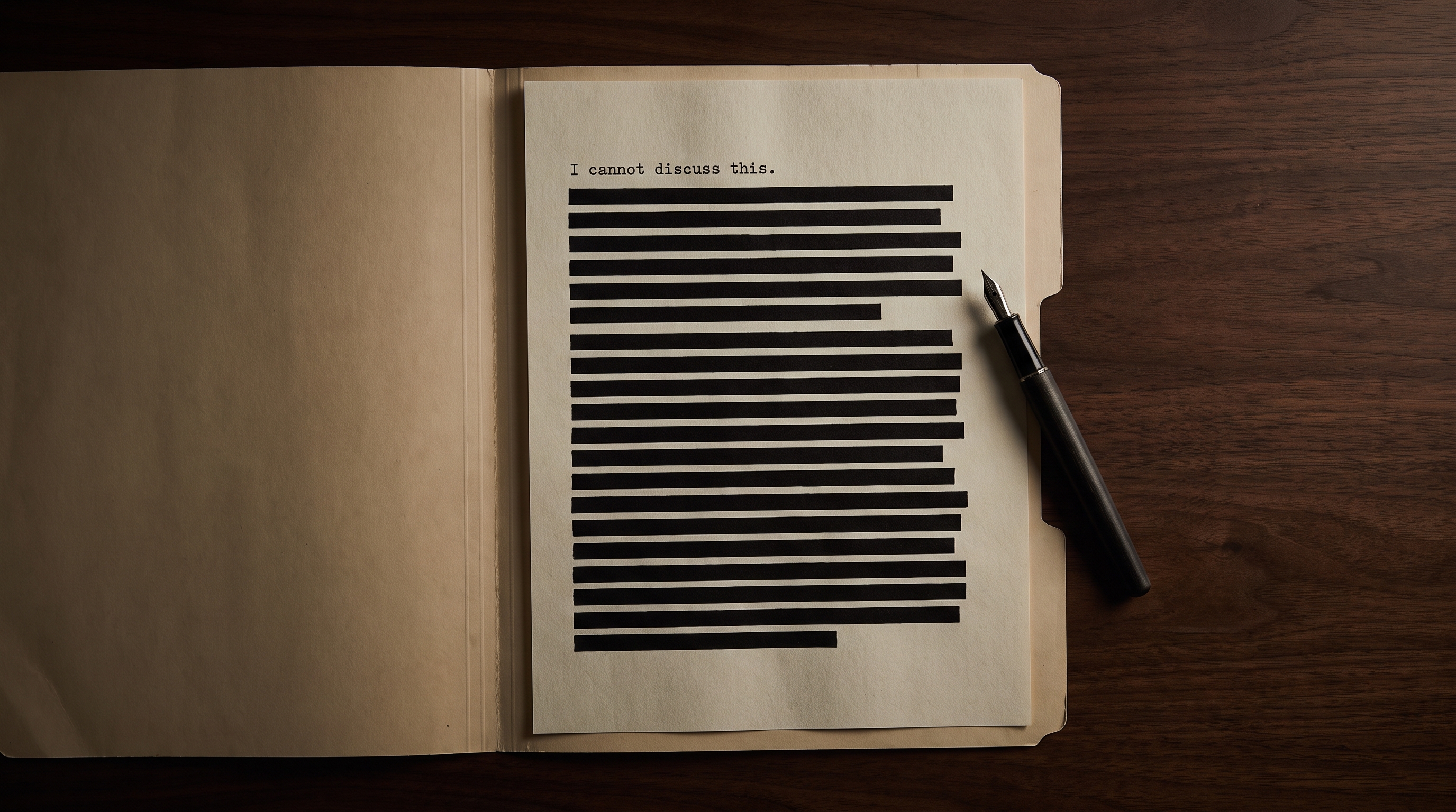 Editorial illustration of an open file folder on a dark desk, with a single typed line at the top of the inner page reading 'I cannot discuss this' and the rest of the page covered in thick black redaction bars. A fountain pen rests diagonally across the folder.