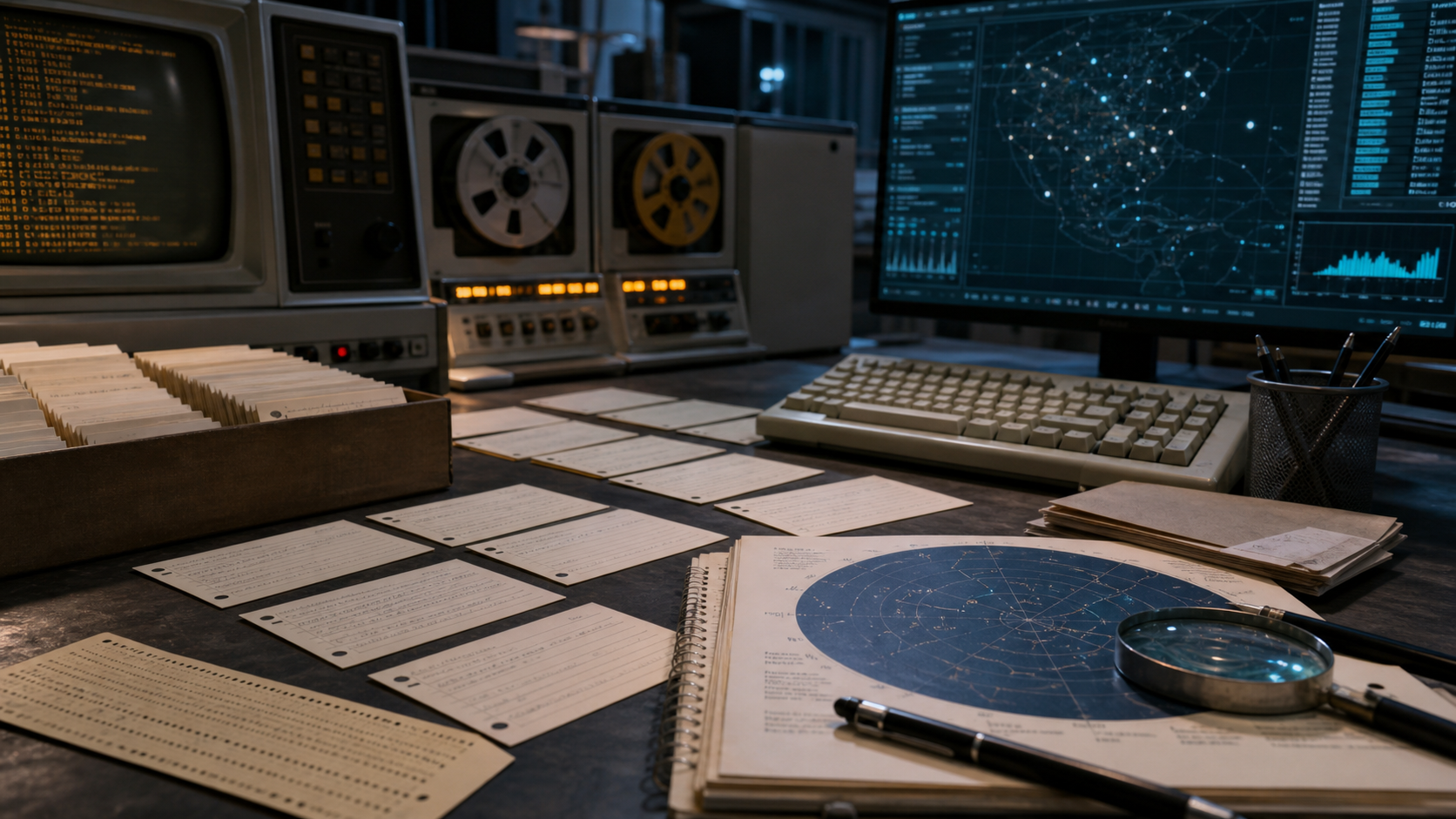 AI-generated editorial image of a research desk with UFO case cards, a mainframe terminal, tape reels, and a digital case map.