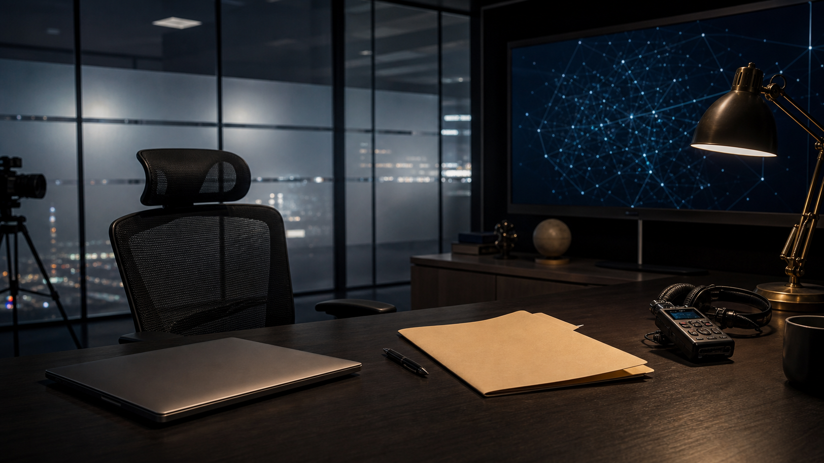 AI-generated editorial image of a modern intelligence-adjacent office with a blank folder, audio recorder, laptop, and abstract network screen.