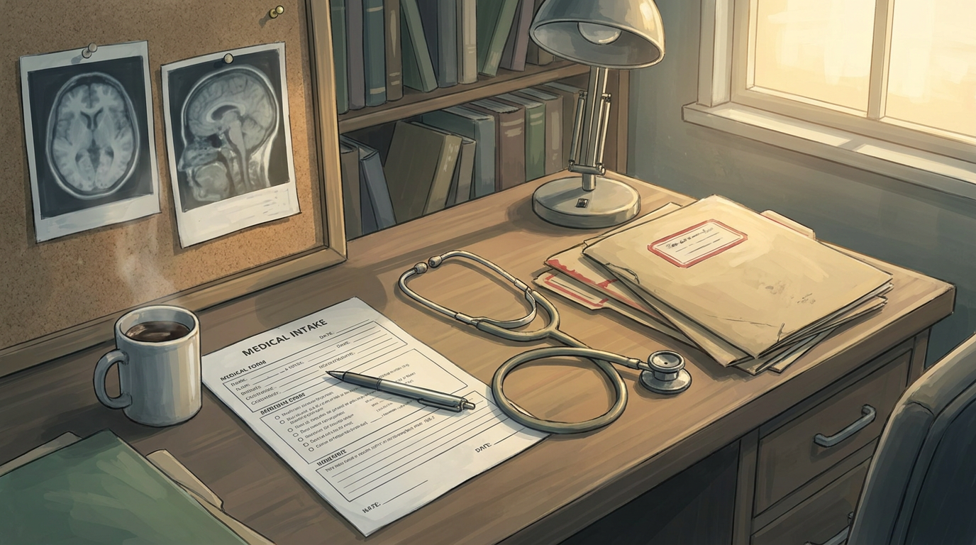 Editorial illustration of a clinical research desk with brain-scan printouts on a corkboard, a stethoscope, a manila folder with a red-trim classification sticker, and a partially filled medical intake form.