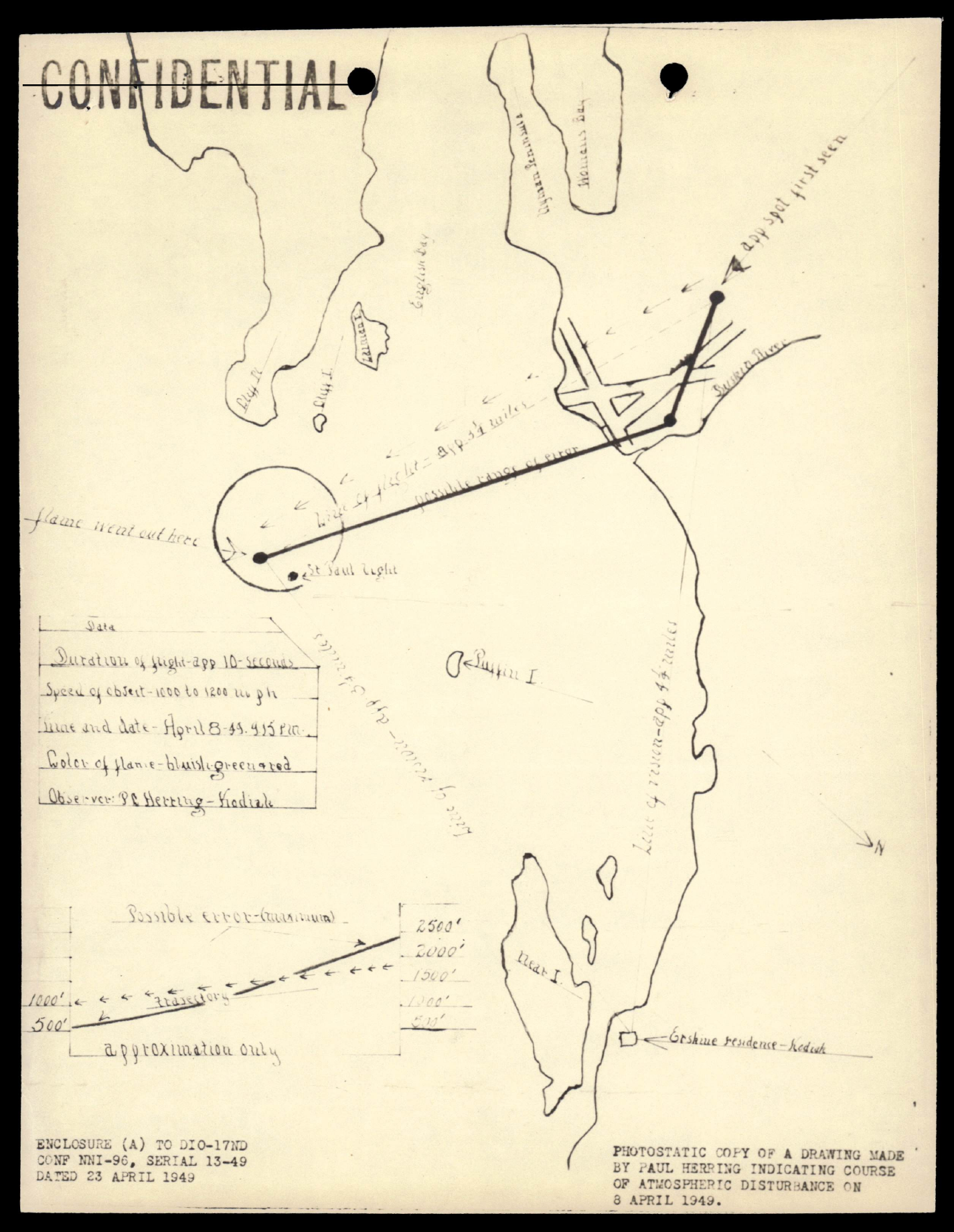 Source-derived scan of Paul Herring's 1949 flight-path sketch for the green-blue light observed near Naval Air Station Kodiak.